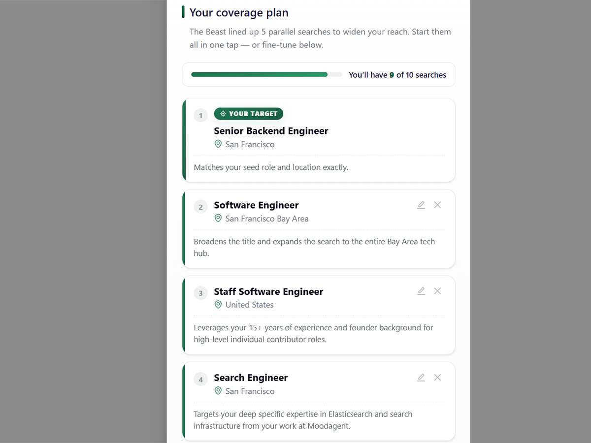 Job Beast coverage plan — multiple related searches running in parallel
